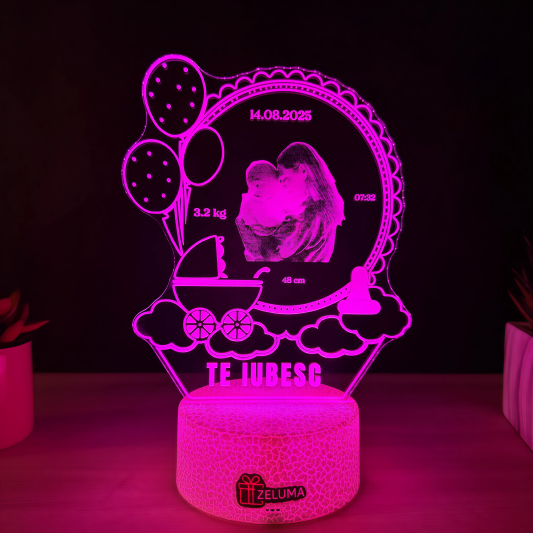 Lampa 3D Personalizata cu Poza – Te iubesc (model Nastere Bebelus)