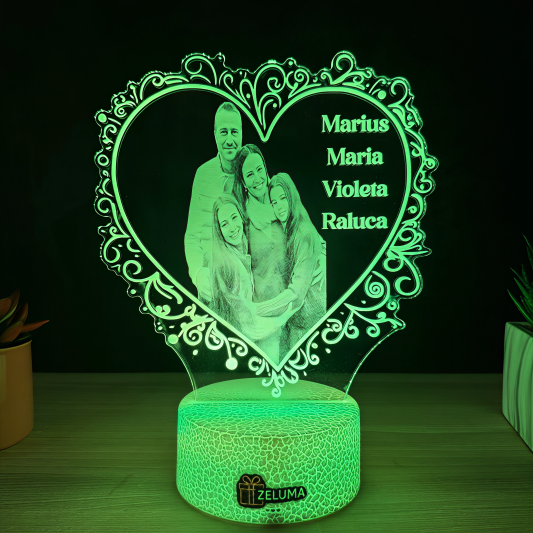 Lampa 3D Personalizata cu Poza – Inima de Familie