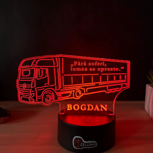 Lampa 3D Personalizata – Camion Mercedes cu Nume si Citat