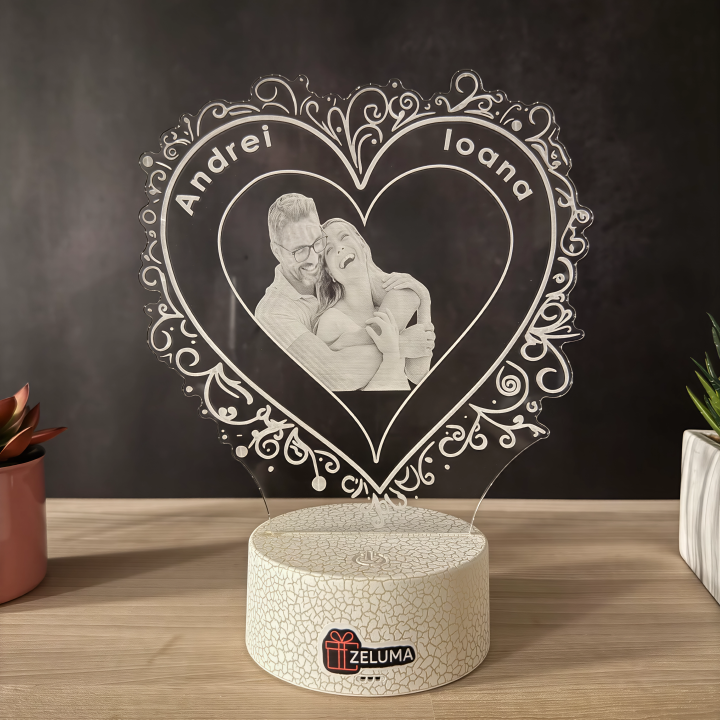 Lampa 3D Personalizata cu Poza – Heart Frame Love