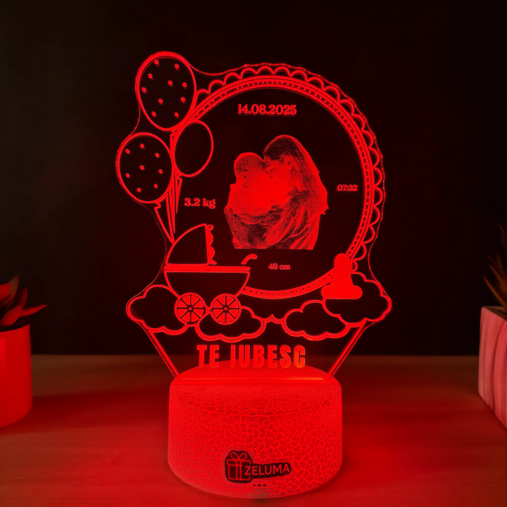 Lampa 3D Personalizata cu Poza – Te iubesc (model Nastere Bebelus)