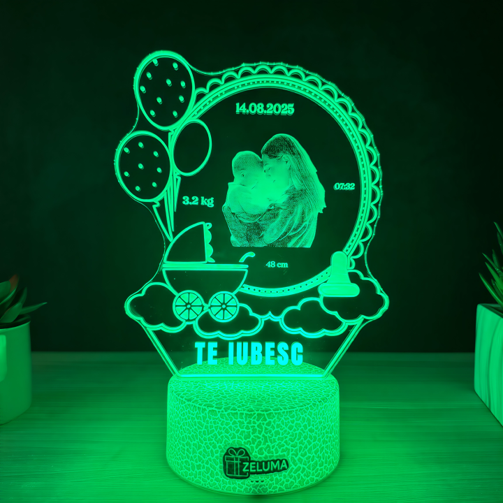 Lampa 3D Personalizata cu Poza – Te iubesc (model Nastere Bebelus)