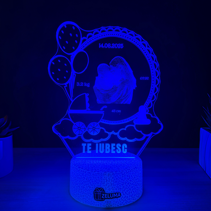 Lampa 3D Personalizata cu Poza – Te iubesc (model Nastere Bebelus)