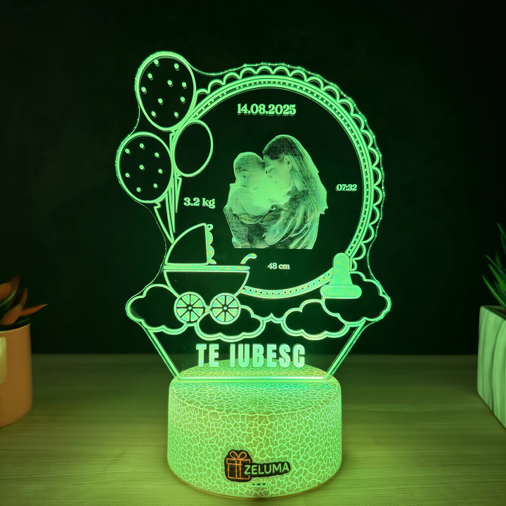 Lampa 3D Personalizata cu Poza – Te iubesc (model Nastere Bebelus)