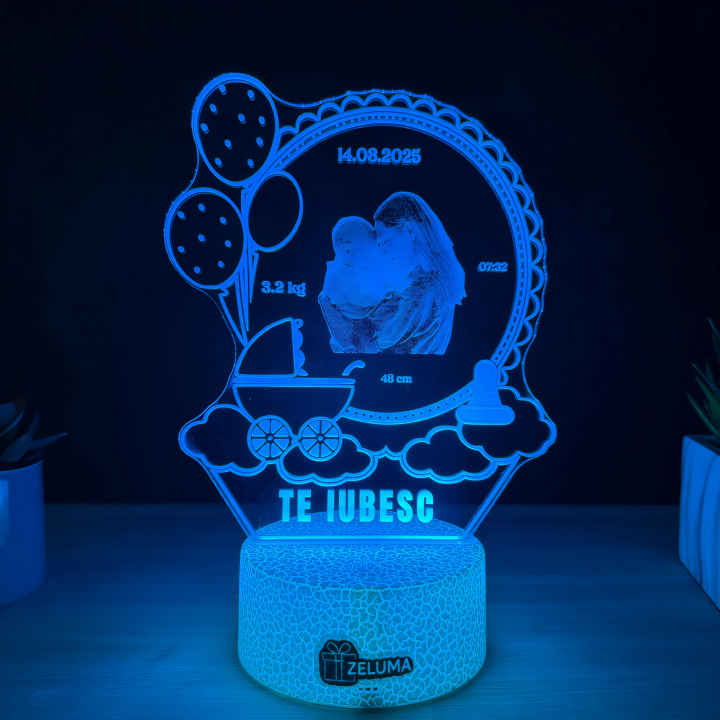 Lampa 3D Personalizata cu Poza – Te iubesc (model Nastere Bebelus)