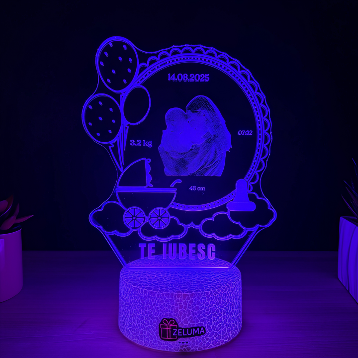 Lampa 3D Personalizata cu Poza – Te iubesc (model Nastere Bebelus)