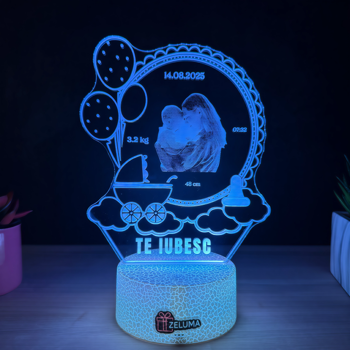 Lampa 3D Personalizata cu Poza – Te iubesc (model Nastere Bebelus)