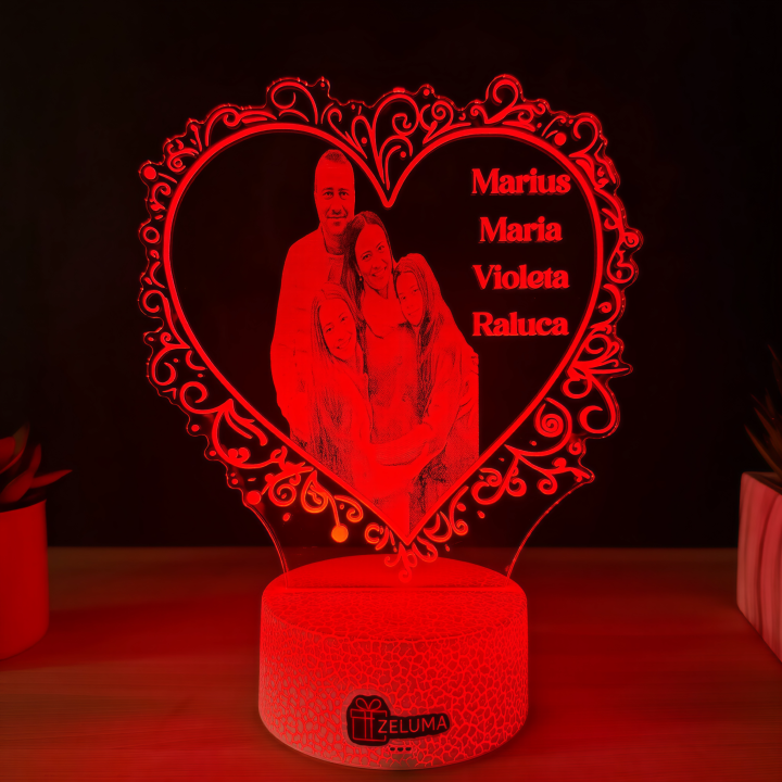 Lampa 3D Personalizata cu Poza – Inima de Familie
