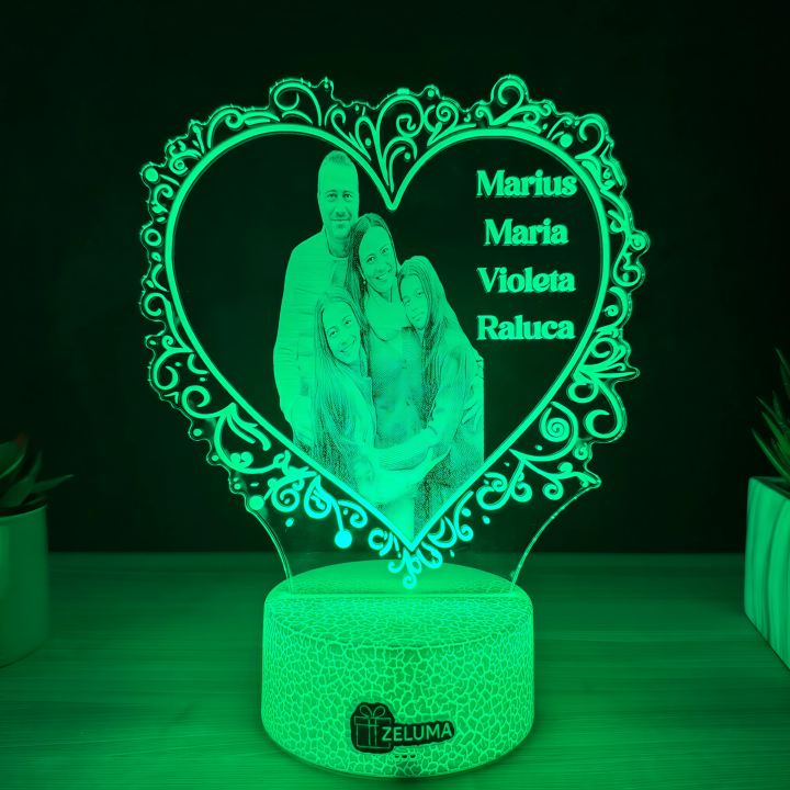 Lampa 3D Personalizata cu Poza – Inima de Familie