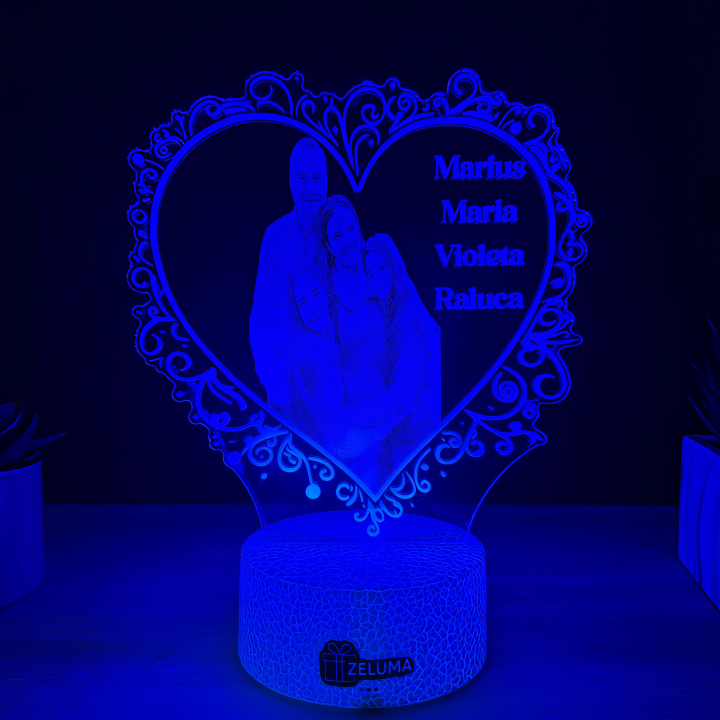 Lampa 3D Personalizata cu Poza – Inima de Familie