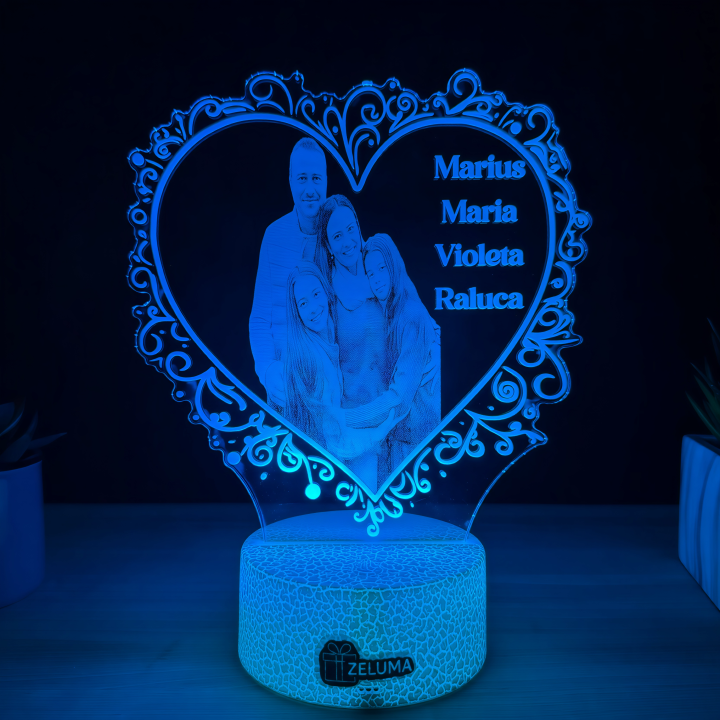 Lampa 3D Personalizata cu Poza – Inima de Familie