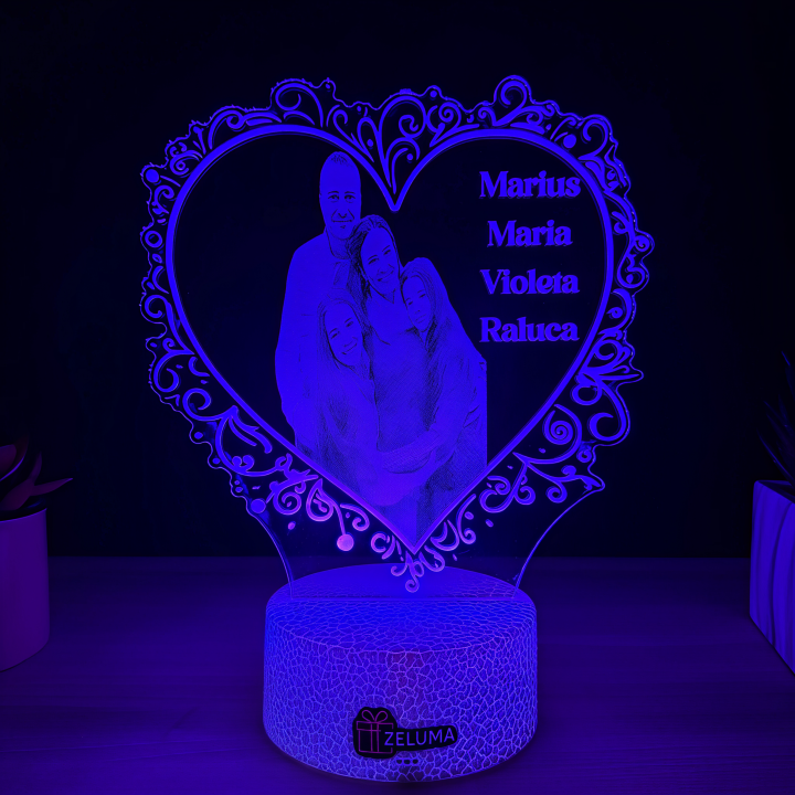 Lampa 3D Personalizata cu Poza – Inima de Familie