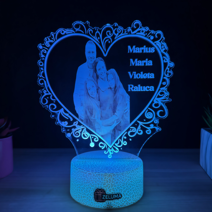 Lampa 3D Personalizata cu Poza – Inima de Familie