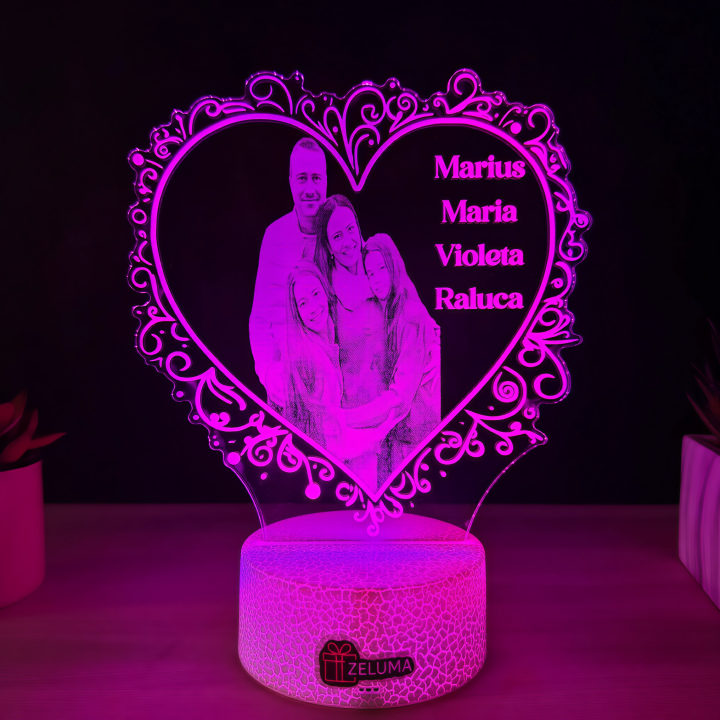 Lampa 3D Personalizata cu Poza – Inima de Familie