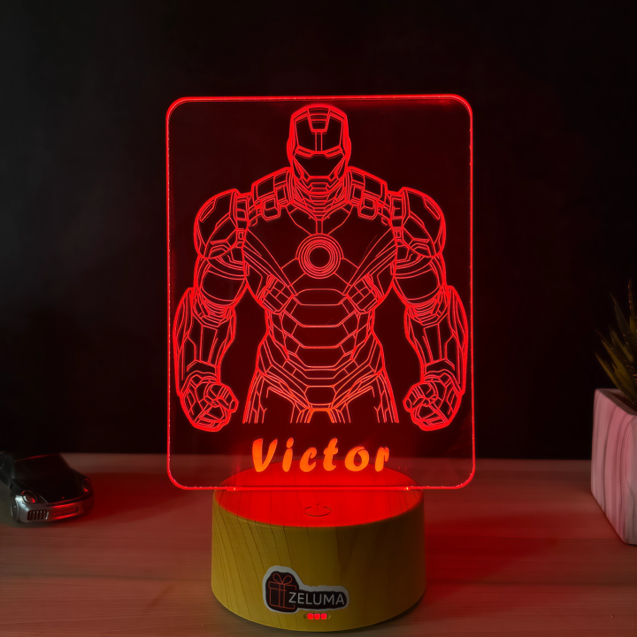 Lampa 3D Personalizata – Iron Hero cu Nume