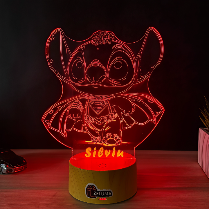 Lampa 3D Personalizata – Stitch Supererou cu Nume