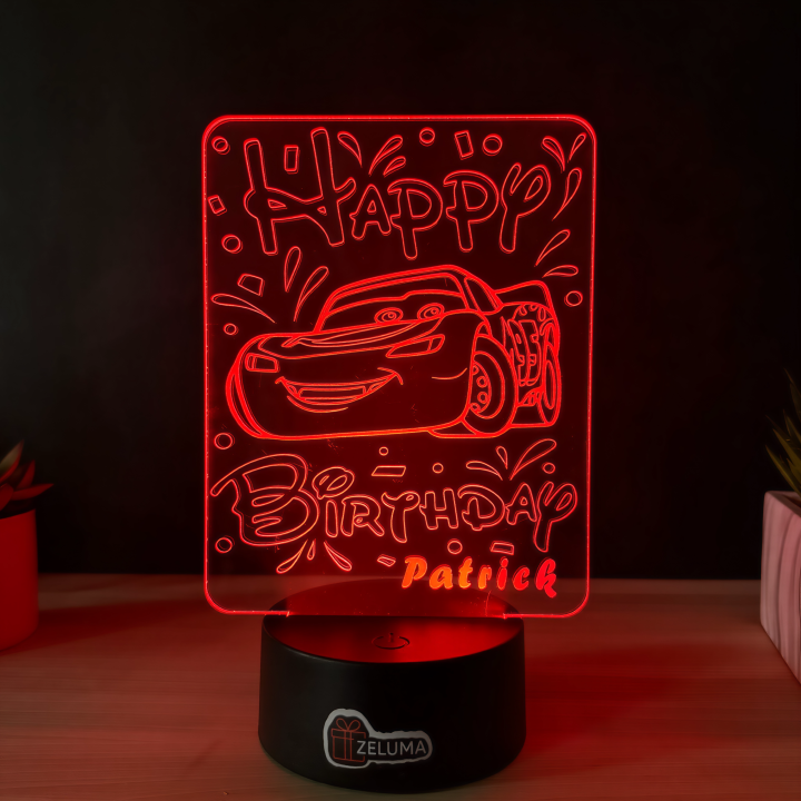 Lampa 3D Personalizata – Cars Happy Birthday cu Nume