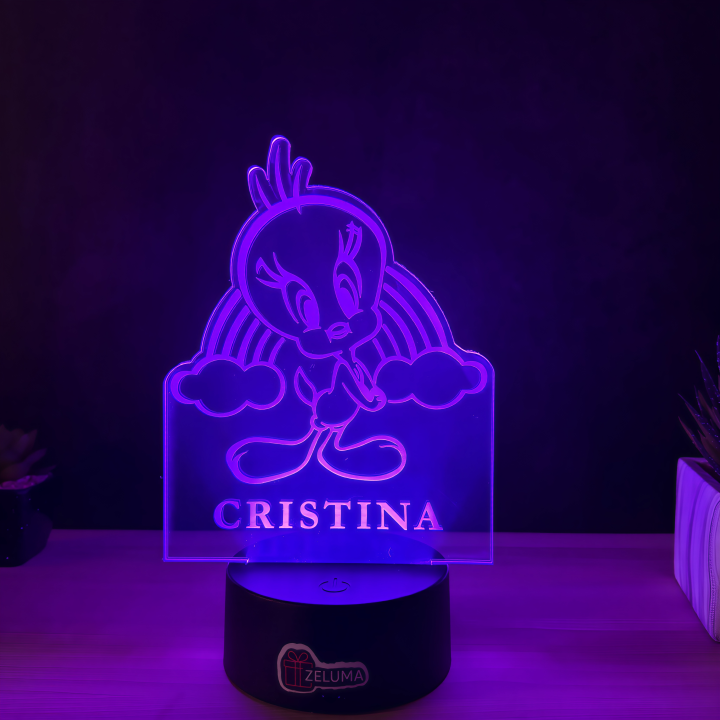Lampa 3D cu Nume Personalizat – Tweety si Curcubeu