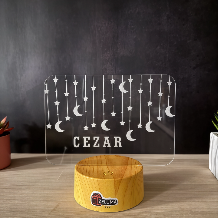 Lampa 3D Personalizata cu Nume – Luna si Stele