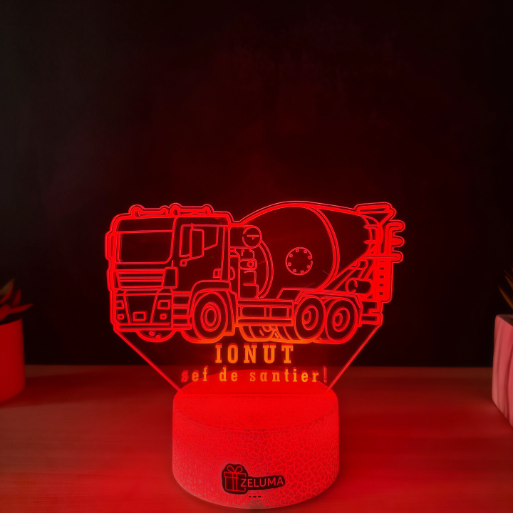 Lampa 3D Personalizata – Betoniera cu Nume