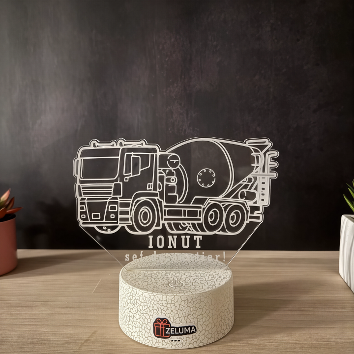 Lampa 3D Personalizata – Betoniera cu Nume