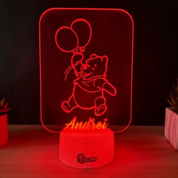 Lampa 3D Personalizata cu Nume – Ursulet cu Baloane