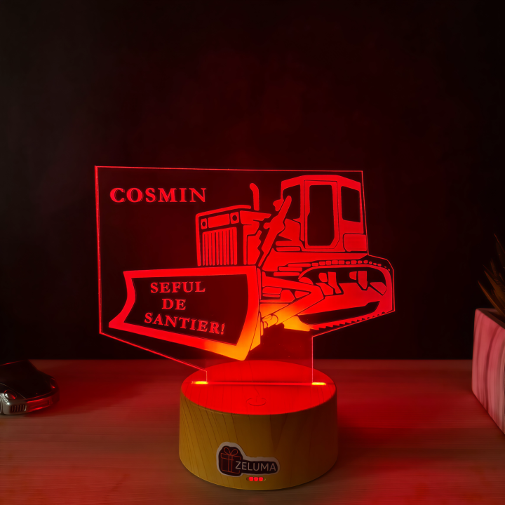 Lampa 3D Personalizata – Buldozer cu Nume