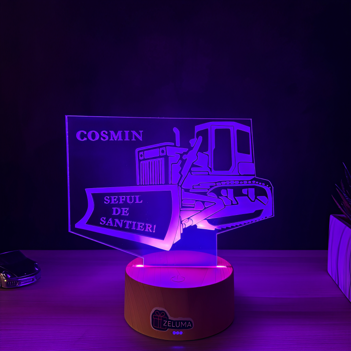 Lampa 3D Personalizata – Buldozer cu Nume