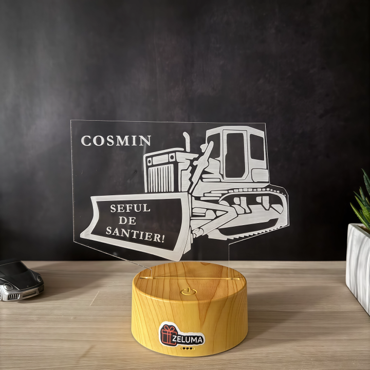 Lampa 3D Personalizata – Buldozer cu Nume