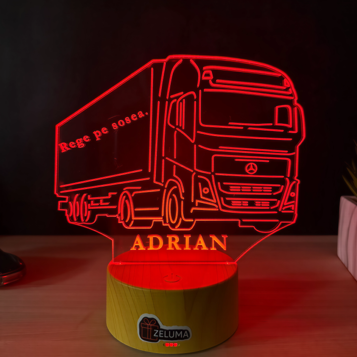Lampa 3D Personalizata – Camion Mercedes cu Nume si Citat v2.0