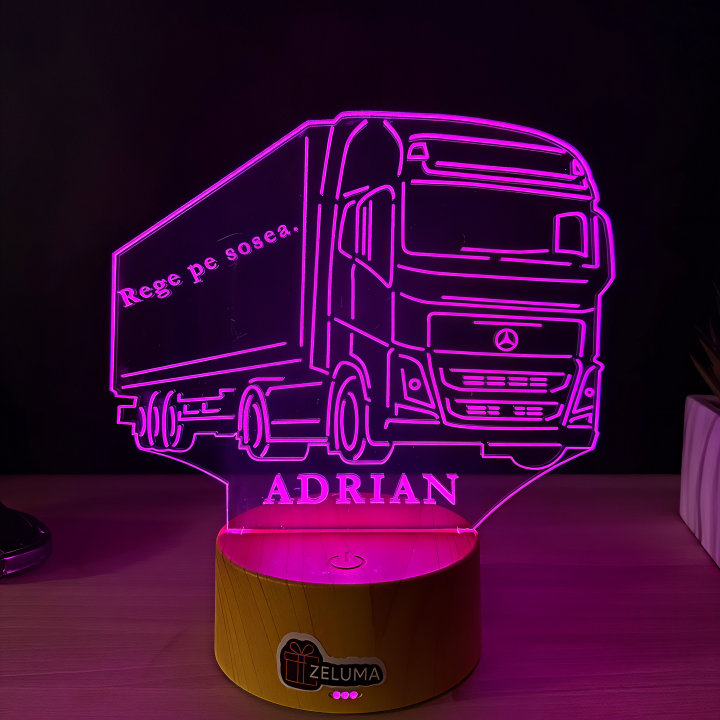 Lampa 3D Personalizata – Camion Mercedes cu Nume si Citat v2.0