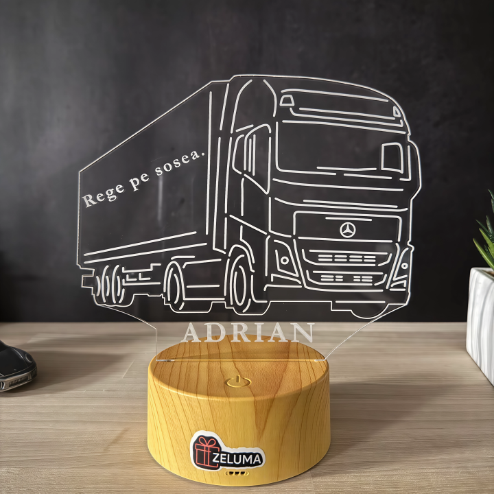 Lampa 3D Personalizata – Camion Mercedes cu Nume si Citat v2.0