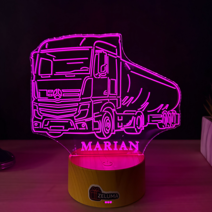 Lampa 3D Personalizata – Camion Cisternă Mercedes cu Nume
