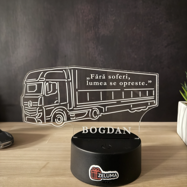 Lampa 3D Personalizata – Camion Mercedes cu Nume si Citat