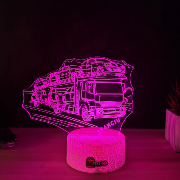 Lampa 3D Personalizata – Camion Transport Auto cu Nume