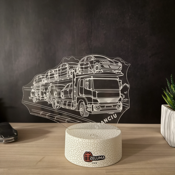 Lampa 3D Personalizata – Camion Transport Auto cu Nume