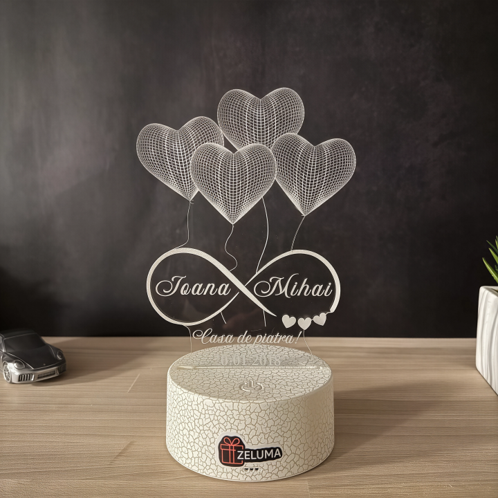 Lampa 3D Personalizata – Cuplu Infinit si Inimi