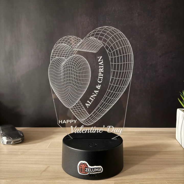 Lampa 3D Personalizata – Inimi 3D Happy Valentines Day