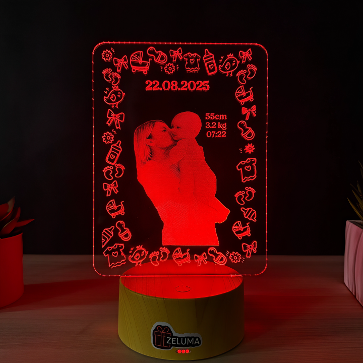 Lampa 3D Personalizata cu Poza – Date Nastere Bebelus