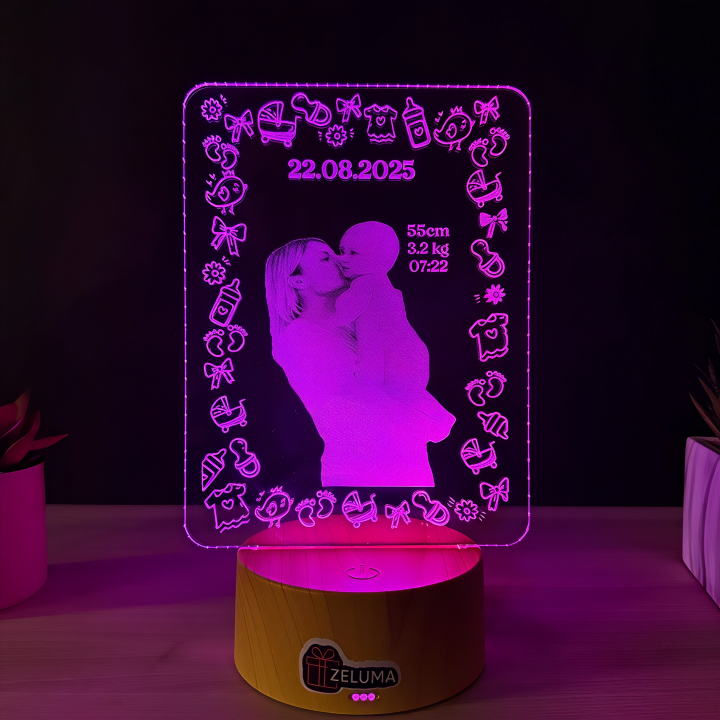 Lampa 3D Personalizata cu Poza – Date Nastere Bebelus